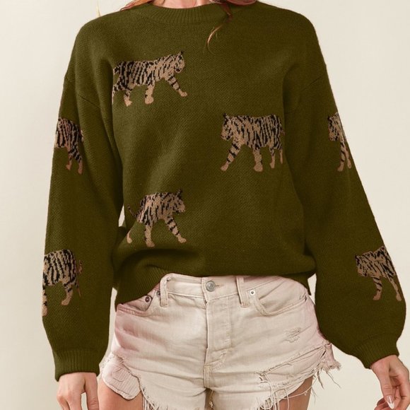 Relaxed Fit Long Sleeve Tiger Print Sweater in Olive - Picture 1 of 1